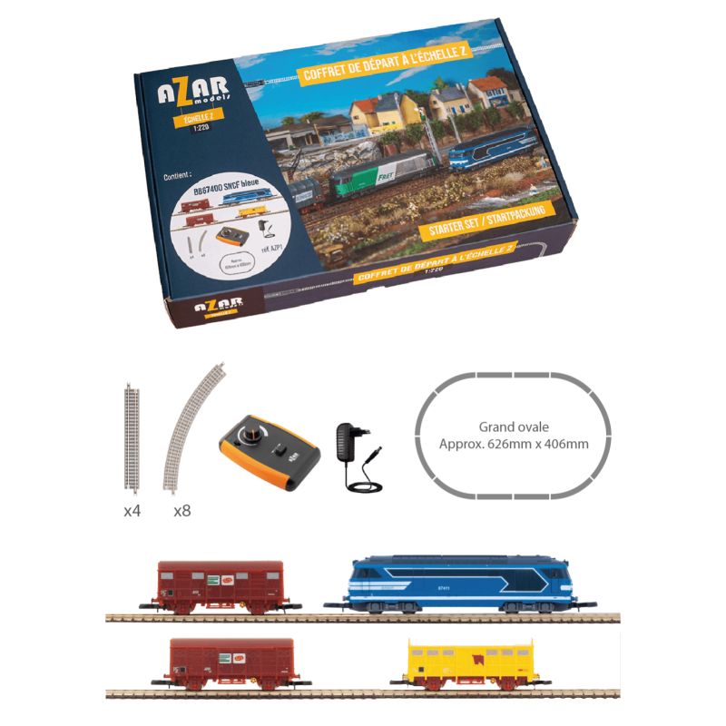 Coffret de démarrage complet avec train de marchandises et sa BB67400 bleue -en Z